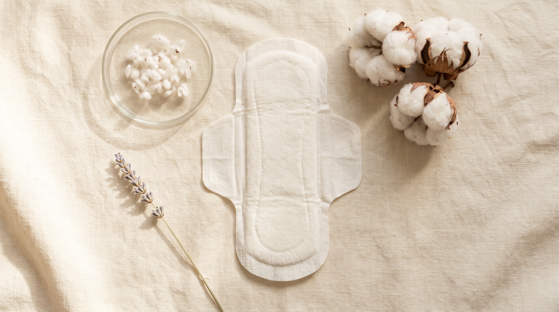 Organic cotton period pad flat lay with cotton bolls on cream linen